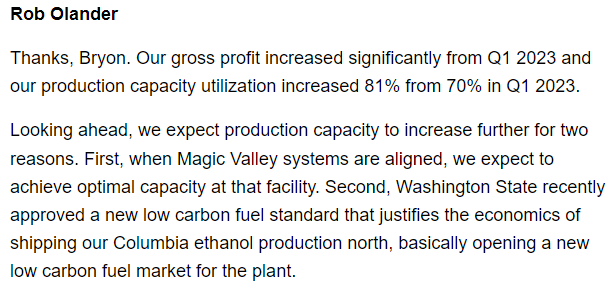 CFO Comments on Columbia plant