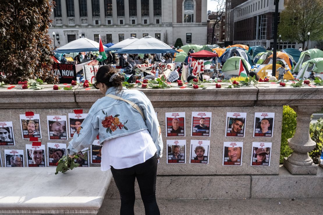 People set up a makeshift memorial for the Jewish hostages taken by Hamas on October 7, 2023 at Columbia University as students maintain an ongoing pro-Palestinian encampment on their campus on April 23, 2024 in New York City. In a growing number of college campuses throughout the country, student protesters are setting up tent encampments on school grounds to call for a ceasefire in Gaza and for their schools to divest from Israeli companies.